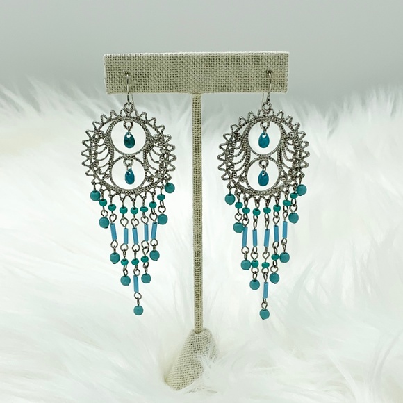 Jewelry - Silver Turquoise Beaded Chandelier Earrings